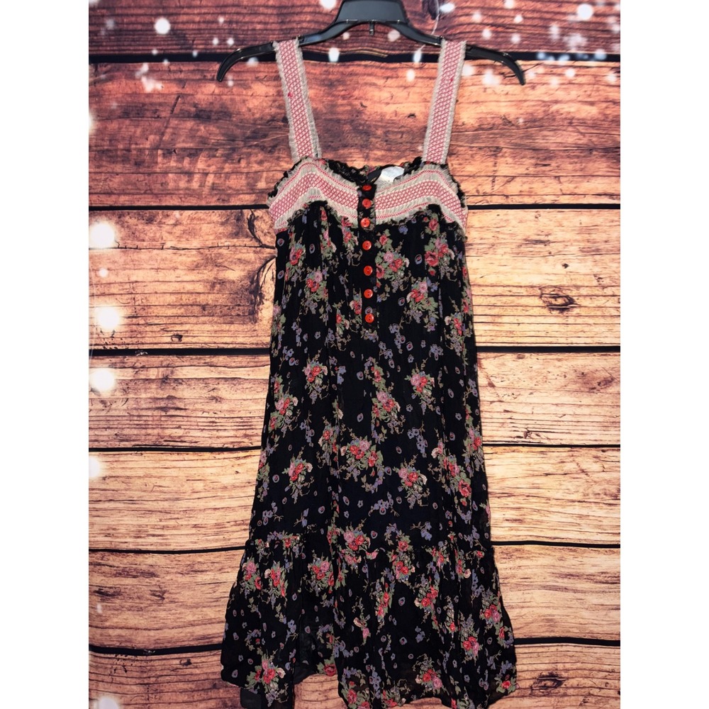 Bila Floral Bohemian Sun Dress Black Rayon Smocked Lace Trim Ruffle Hem Large